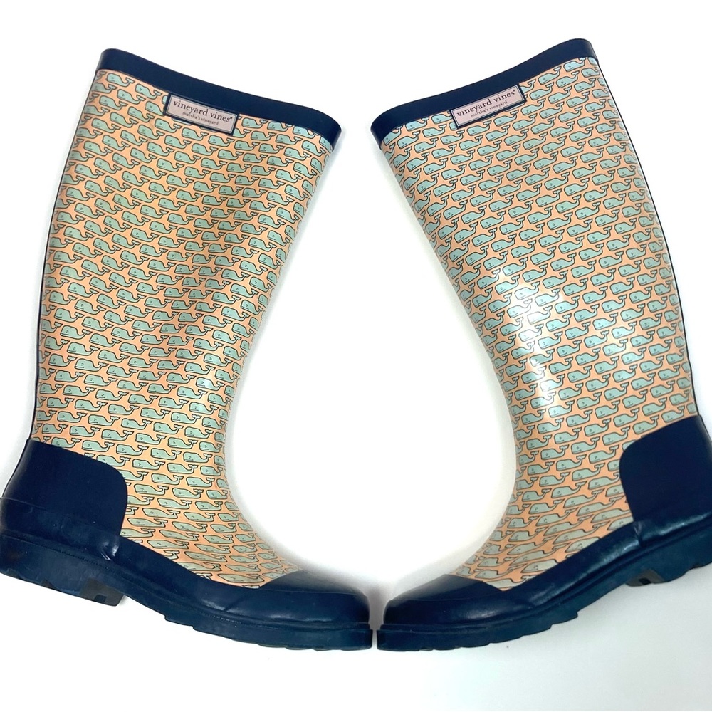 Vineyard Vines Whalies Whale Rain Boots Navy and Peach Womens Size 6